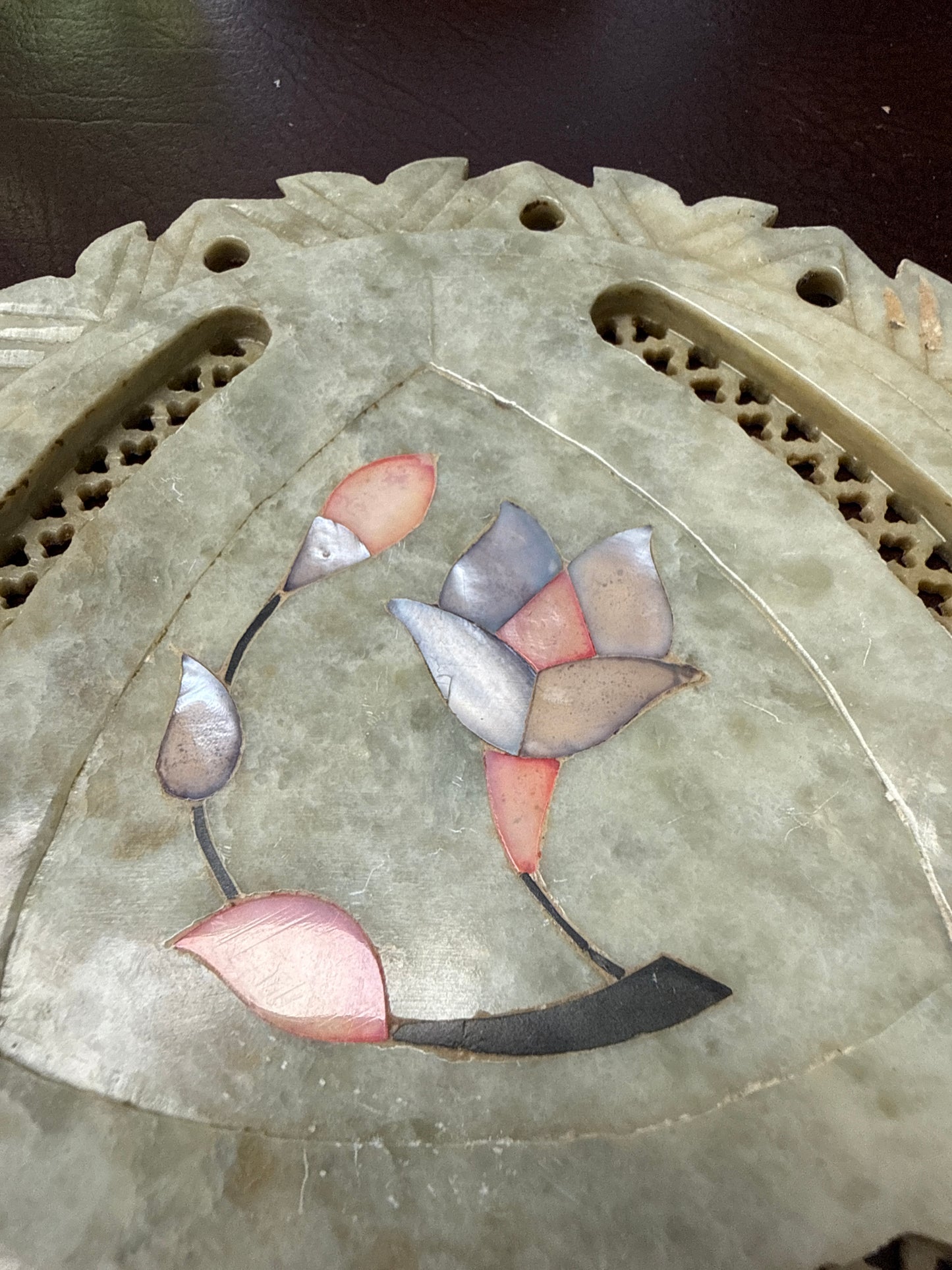 Vintage Indian soapstone dish with mother of pearl tulip inlay