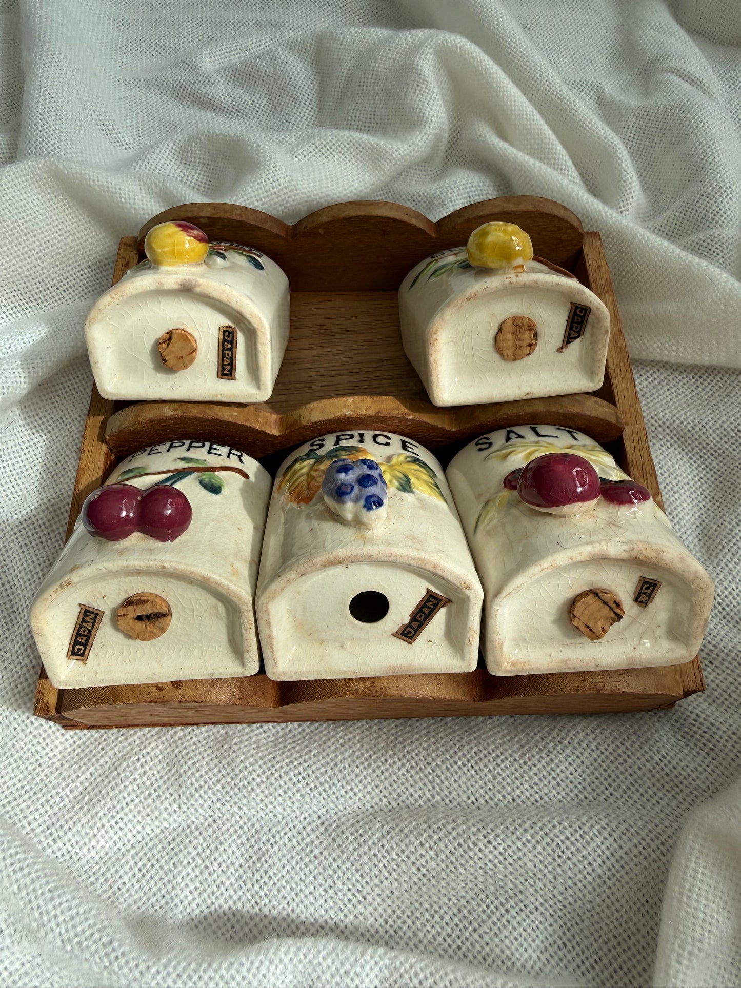 Vintage Japanese Wall Mounted Spice Rack with Ceramic Spice Holders