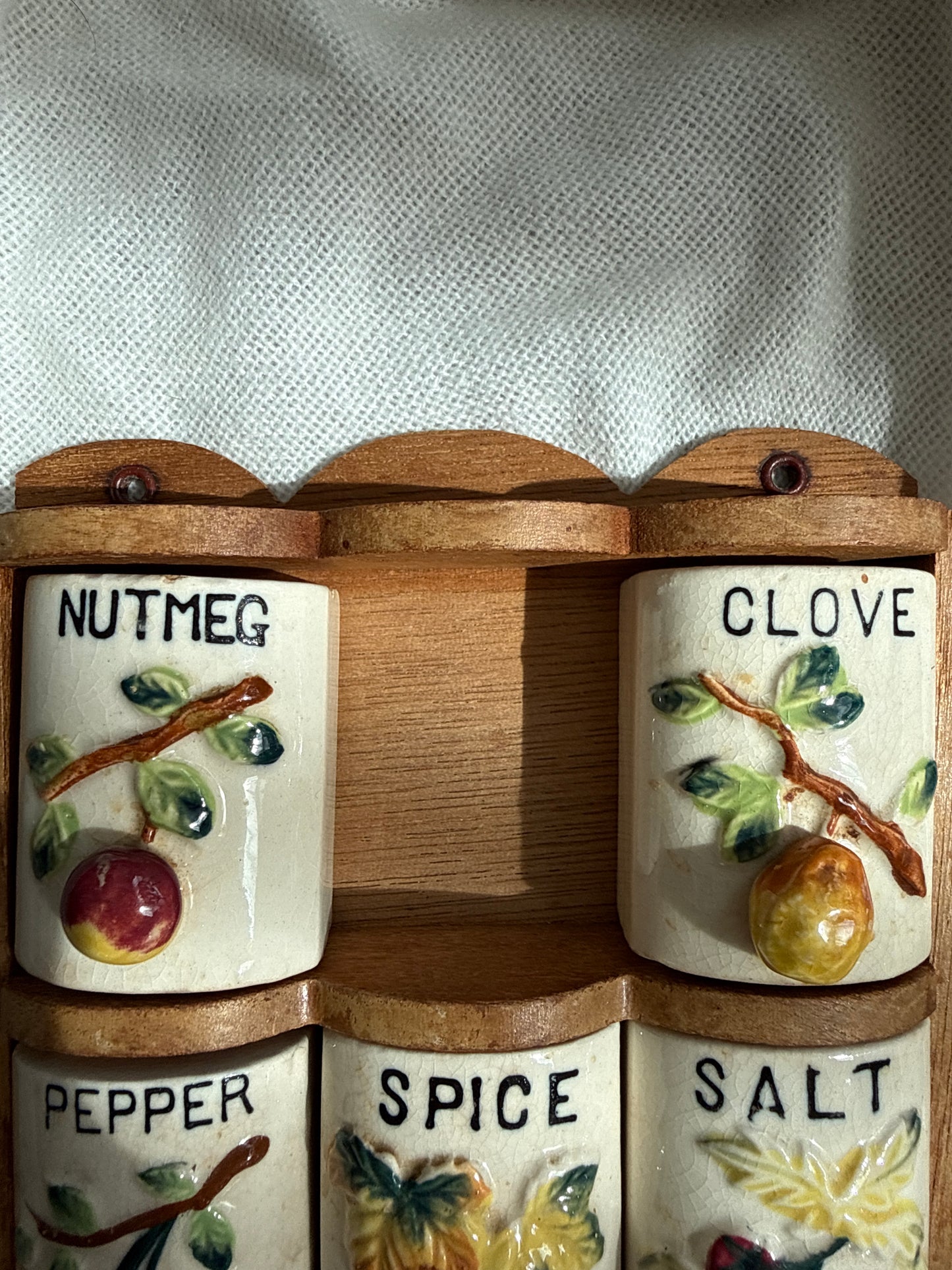 Vintage Japanese Wall Mounted Spice Rack with Ceramic Spice Holders