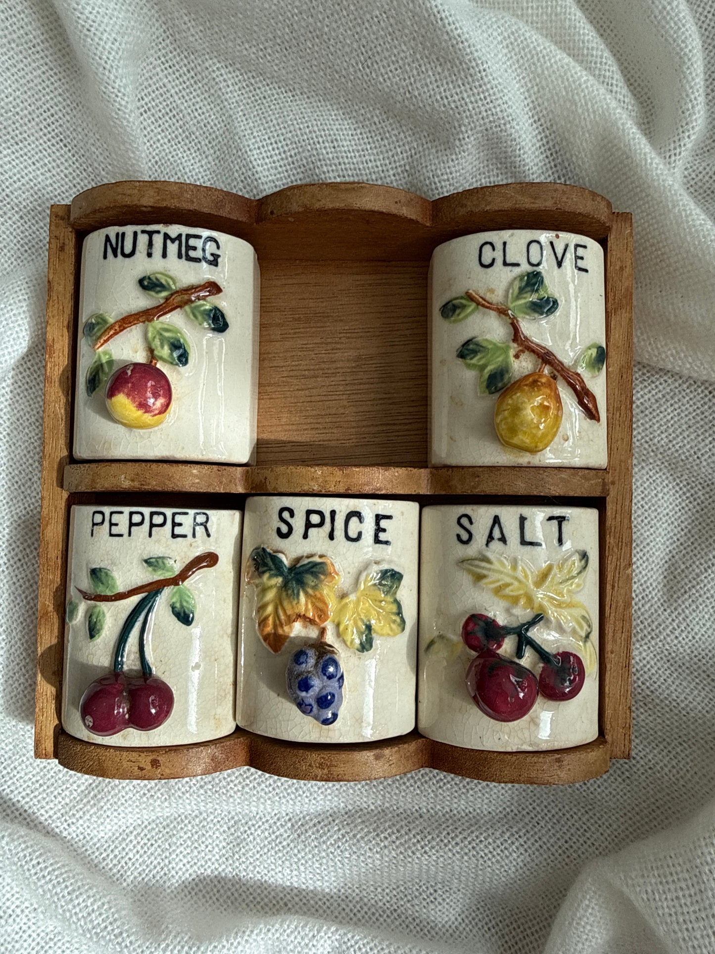 Vintage Japanese Wall Mounted Spice Rack with Ceramic Spice Holders