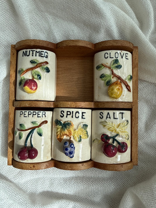 Vintage Japanese Wall Mounted Spice Rack with Ceramic Spice Holders