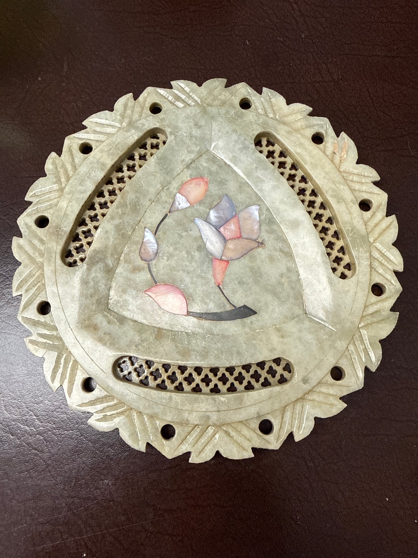 Vintage Indian soapstone dish with mother of pearl tulip inlay