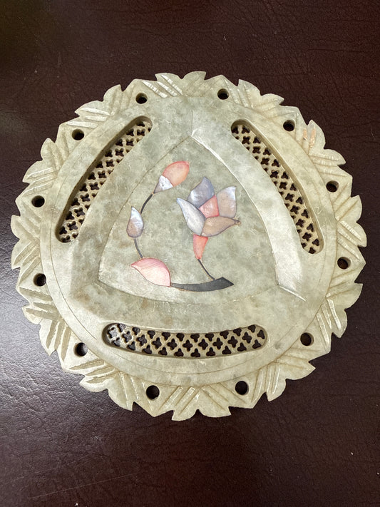 Vintage Indian soapstone dish with mother of pearl tulip inlay
